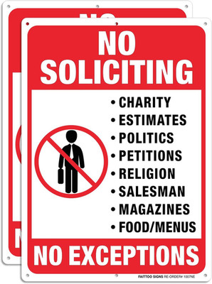No Soliciting Sign for House, No Exception Metal Reflective Warning Sign 2 Pack,