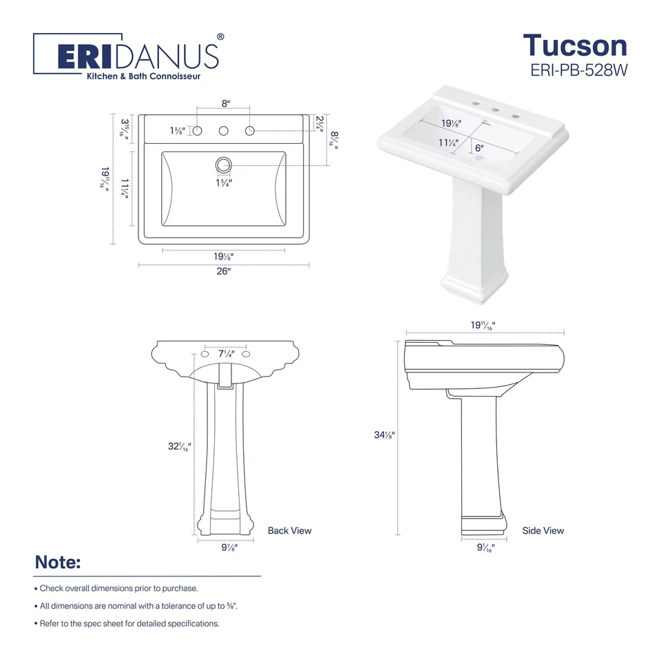 Eridanus Pedestal Sink White Ceramic Freestanding Bathroom Sink with Faucet Hole - Image 2 of 4