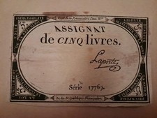 Billet ASSIGNAT 5 LIVRES Série 17769 signé LAPORTE Rare Collé Sur Vieux Papier 