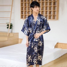 Men's Navy Blue Satin Kimono Robe Short Sleeve Soft Summer Bathrobe Sleepwear