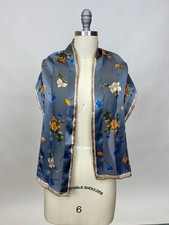 Vintage Designer Vera Silk Scarf Gray Stripes and Flowers White Orange and Blue