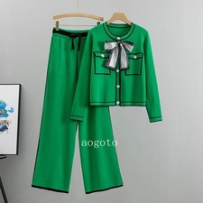 2 Piece Women O-neck Short Sweater Cardigan Sets Wide Leg Kintwear Pants Suits