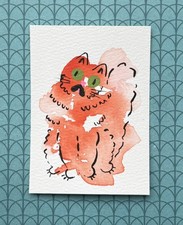 ACEO Original-3.5 X 2.5 Inch Art Card-Watercolor Orange Blob Cat by morkazano