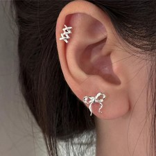 1Pair Silver Color Small Sweet Cute Bow Stud Earrings for Women Simple