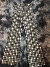 Vintage 60s 70s Disco Multicolor Plaid Polyester Bell Bottom Pants XXS