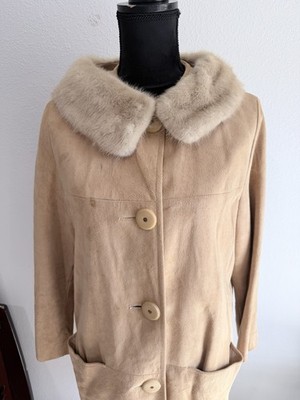 Vintage 1960s Suede Coat with Genuine Mink Collar   Mid Century Camel Jacket