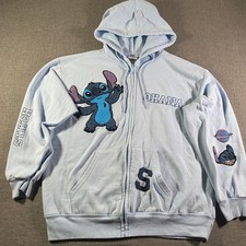 Disney Stitch Ohana Zip Up Hoodie Light Blue L Womens Embroidered