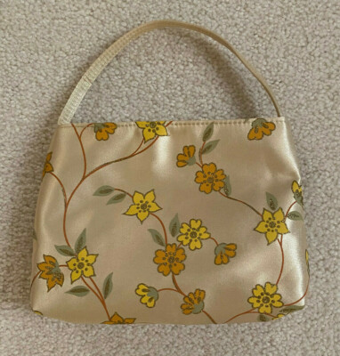Gold Satin Floral Print Small Evening Handbag ~ Travel Cosmetic Makeup Bag NEW