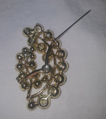 Large Vntg Gold Tone Leaf Shape W/ Multi Colored Pink Rhinestones Brooch / Pin - Picture 12 of 12