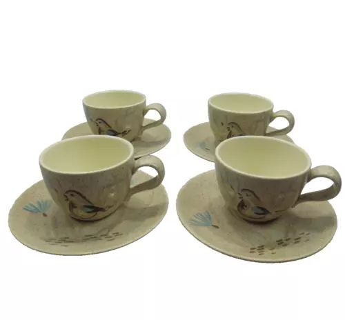 VTG MCM Red Wing Pottery Bob White Quail Set Of 4 Cup & Saucer Hand Painted READ