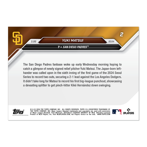 2024 MLB Topps NOW 2 YUKI MATSUI SEOUL SERIES SD PADRES ROOKIE RC IN HAND - Picture 2 of 2