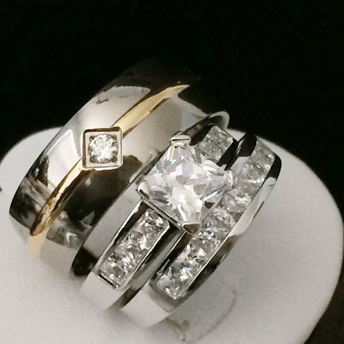 HIS & HERS BRIDAL ENGAGEMENT WEDDING RING SET TITANIUM /STERLING SILVER/CZ - 第 1/11 張圖片