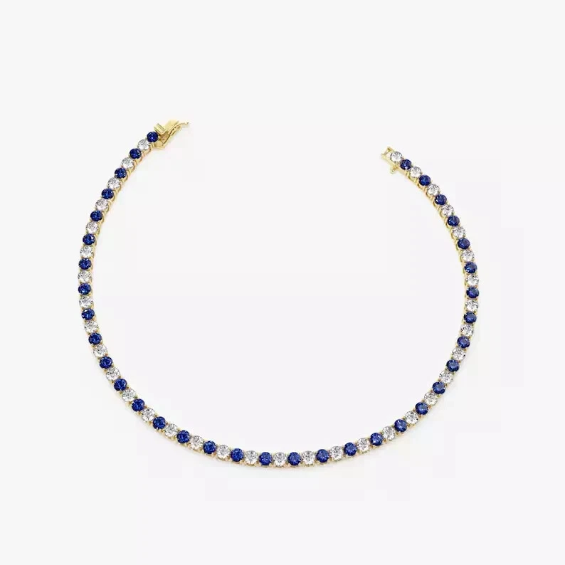 Brazalete tenis diamante zafiro natural redondo de 10 quilates oro amarillo macizo de 14 quilates de 7,5" Foto 2 de 4