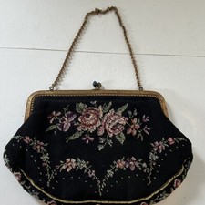 Vintage Embroidered Petite Point Tapestry Framed Purse Bag Roses Antique