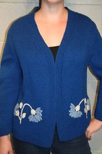 M L Vtg 50s Hand Knit Cardigan Embroidered Open Banded Sweater Floral Crewel