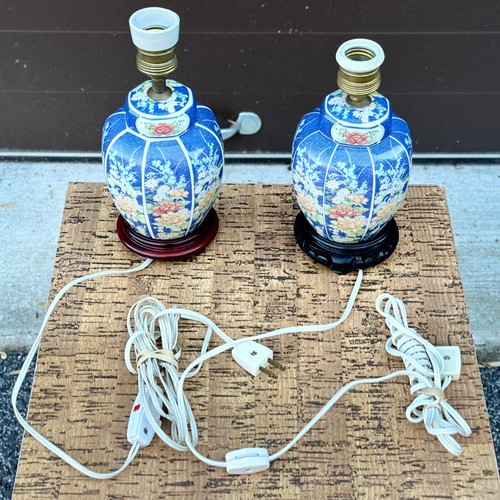 Pair Vintage Petite Chinese Porcelain Ginger Jar Table Lamps Blue & White Floral - Picture 6 of 13