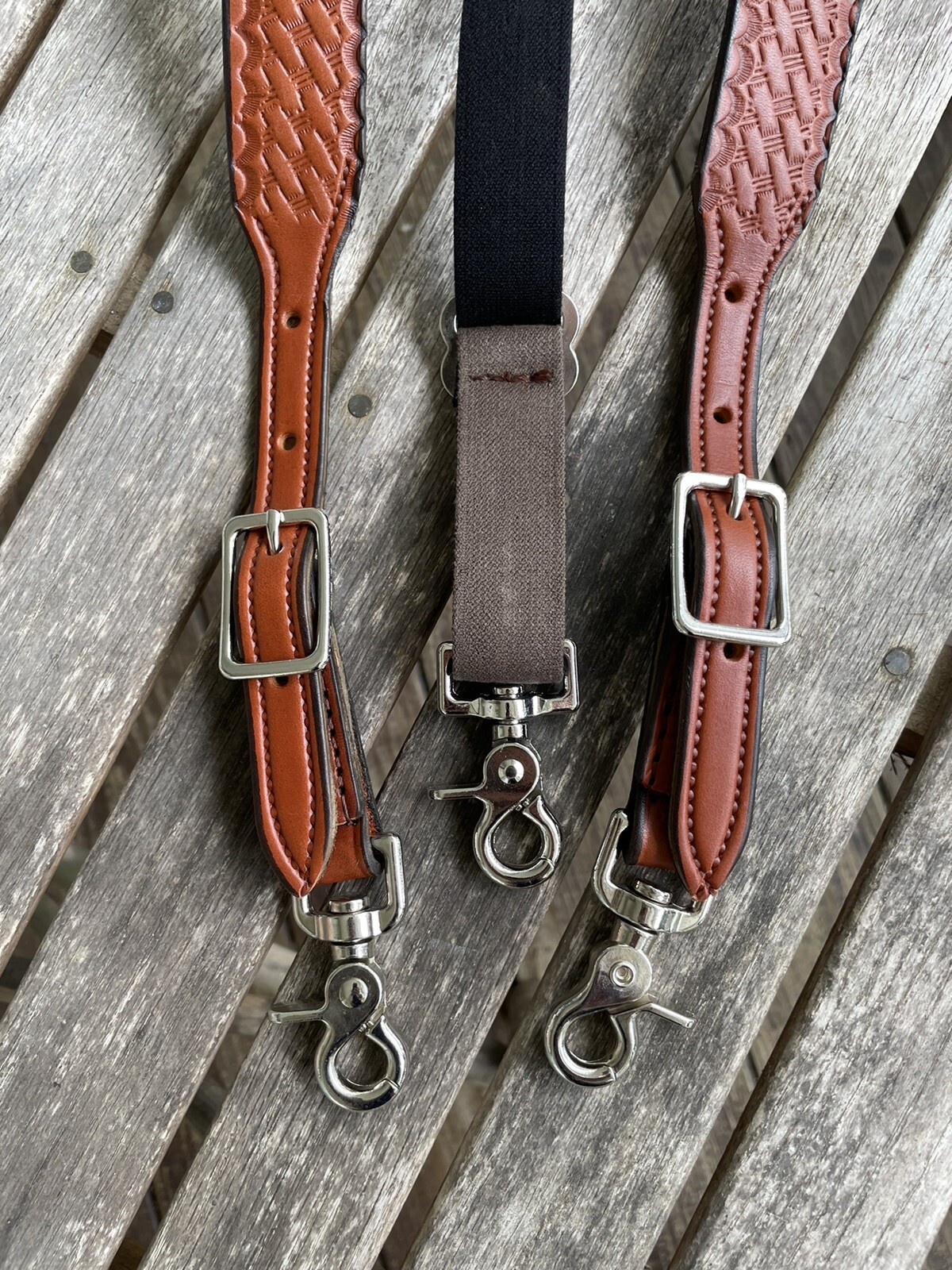 Men’s Amish Made Leather SUSPENDERS, XL Basket Weave Chestnut Brown