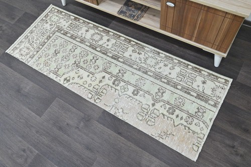 Vintage Turkish Runner Rug 2x5ft BEIGE Handmade Anatolian Oushak Hallway Wool