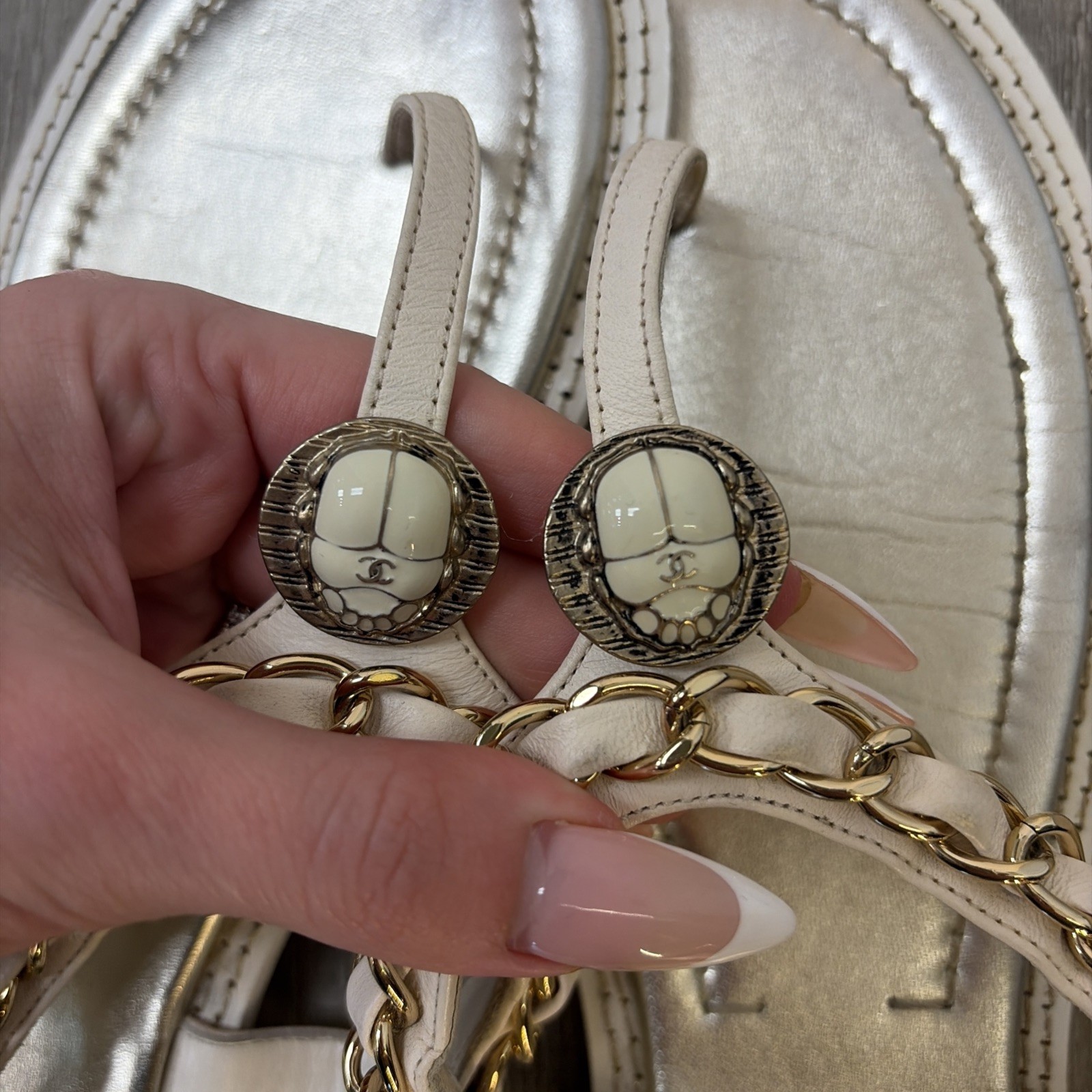 Chanel Silver And White Interlocking CC Sandals S… - image 6