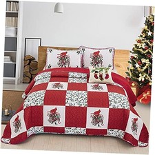 Christmas Quilt Set 90"x110" Berries and Cardinals Pattern Bedding King Red