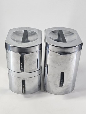 Kromex Chrome Metal 1960's Kitchen 3 Canister Set Sugar Coffee Tea Tins