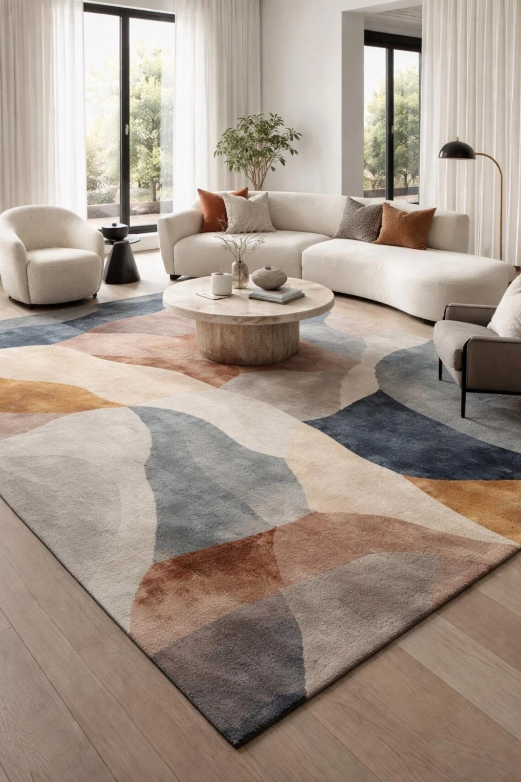 Hand-Tufted Wool Rug, Abstract Wavy Design, Terracotta Blue Beige, Contemporary