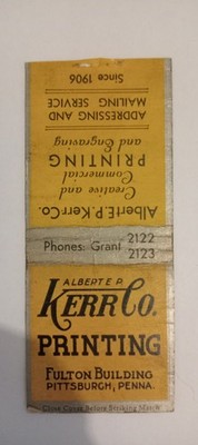 Albert Kerr Co Printing Pittsburgh PA Bobtail Matchcover Lot 782 No Tariff Fee