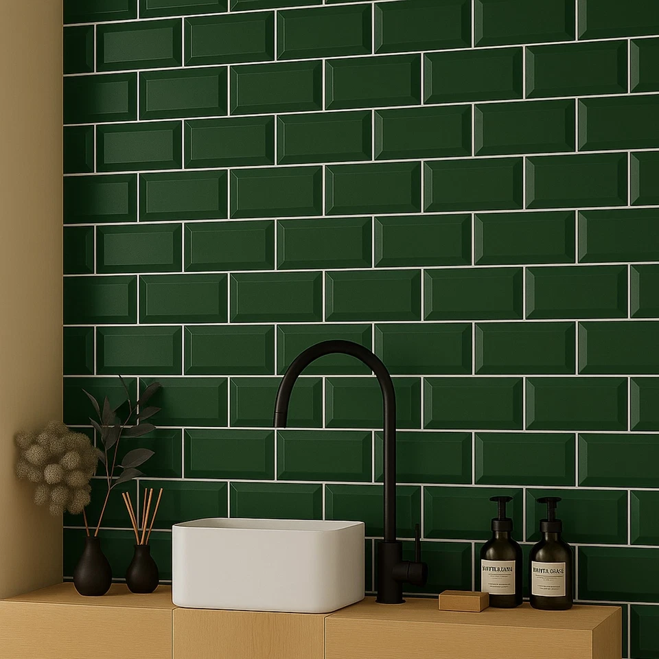 Bottle Green Ceramic Glossy Brick Subway Metro Tile Bevelled Edge 10x20cm Box - Image 2 of 4
