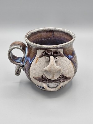 Vtg Signed Ugly Face Mug 3D Mustache Man Stoneware Pottery Folk Art Appalachia