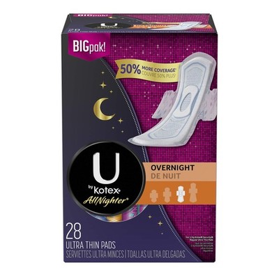 U by Kotex AllNighter Ultra Thin Overnight Pads with 28 Count (Pack of 1) 