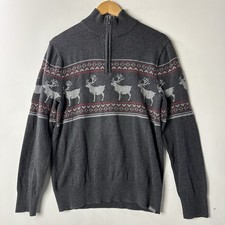 Eddie Bauer 1/4 Zip Fair Isle Elk Sweater Gray Reindeer Cotton Cabin Classic S