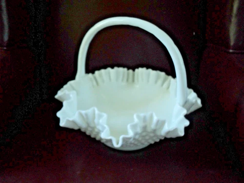 Large Vintage Fenton White Milk Glass Hobnail Handled Basket