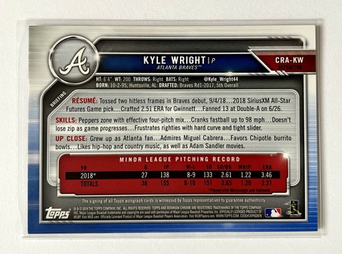 Kyle Wright 2019 Bowman Chrome #CRA-KW Rookie refractor automático numerado/499 Brave - Imagen 3 de 3