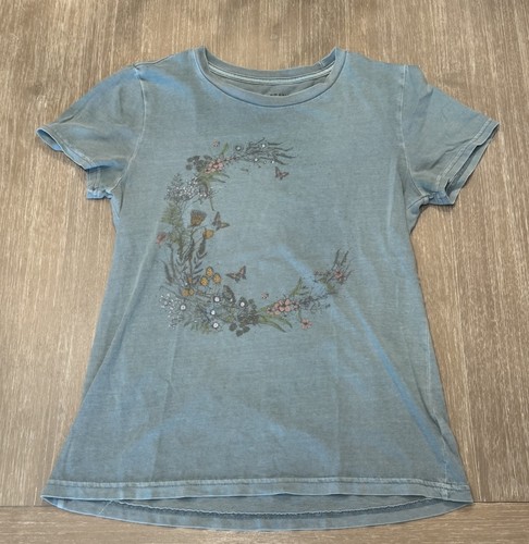 Lucky Brand Womens Floral Butterfly Moon Graphic Tee Sage Green Size XS
