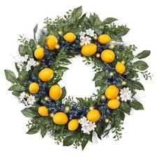 Summer Artificial Lemon Wreaths for Front Door with Lights, Spring 24 Inch