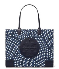 NWT Tory Burch Ella Printed Tote Bag Handbag Navy Warped Gingham Nylon Leather