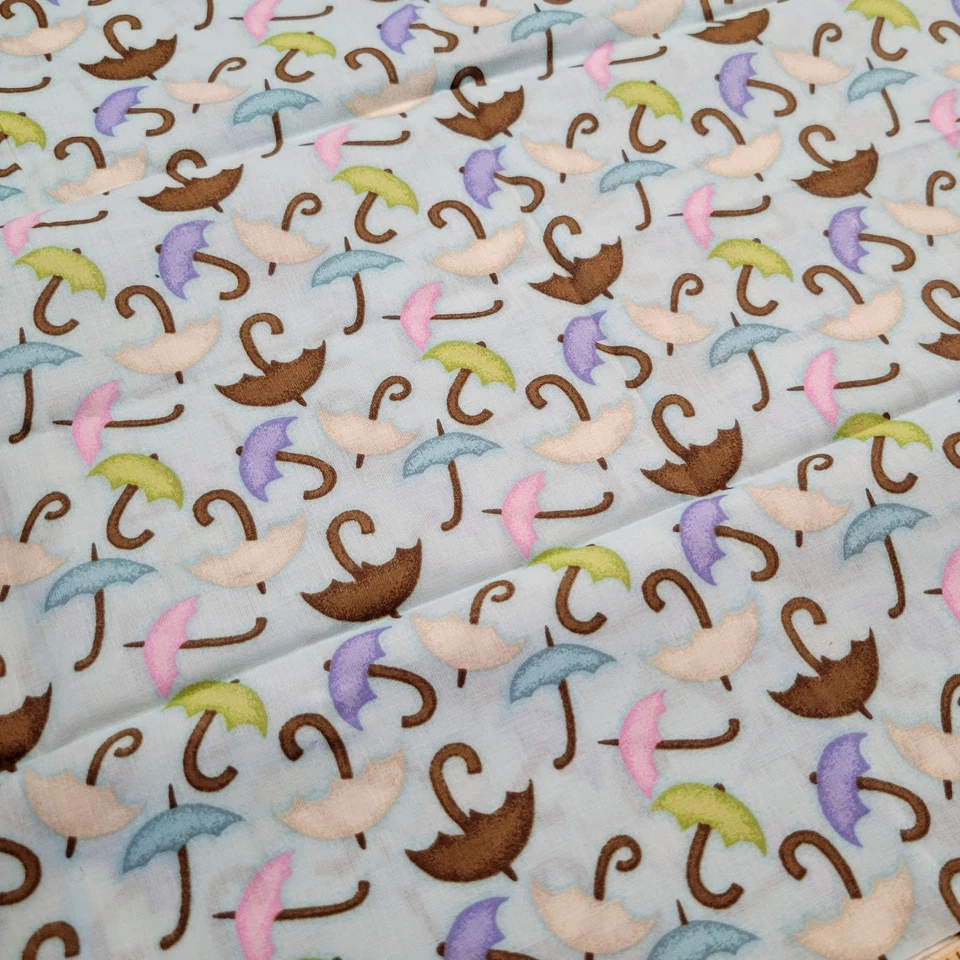 Cotton Fabric Umbrellas Pastel Rain Weather 19" x 44" Blue Pink Green Brown - Image 4 of 4