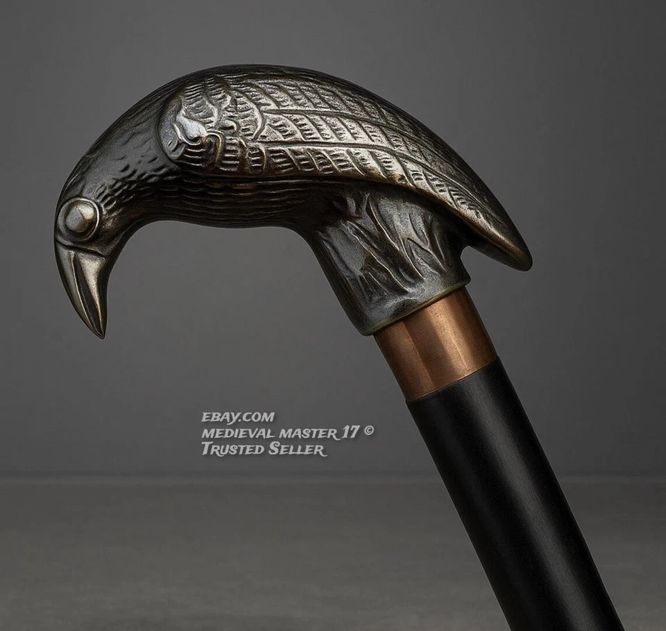 Bastón para caminar cabeza de cuervo hecho a mano gótico negro madera y bronce Foto 3 de 4
