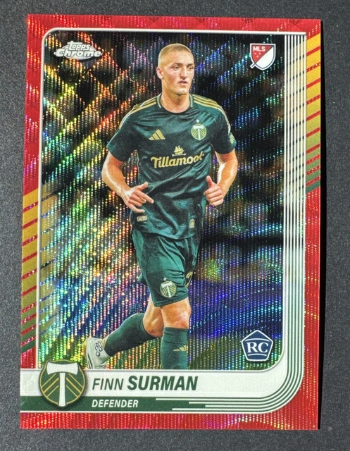 2025 Topps Chrome MLS Finn Surman RC Red Wave 3/5 SSP Timbers Rookie #160