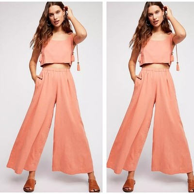 FREE PEOPLE Two-Timin' Wide Leg Jumpsuit Peachy Coral Orange Sz XS $148 {W54}