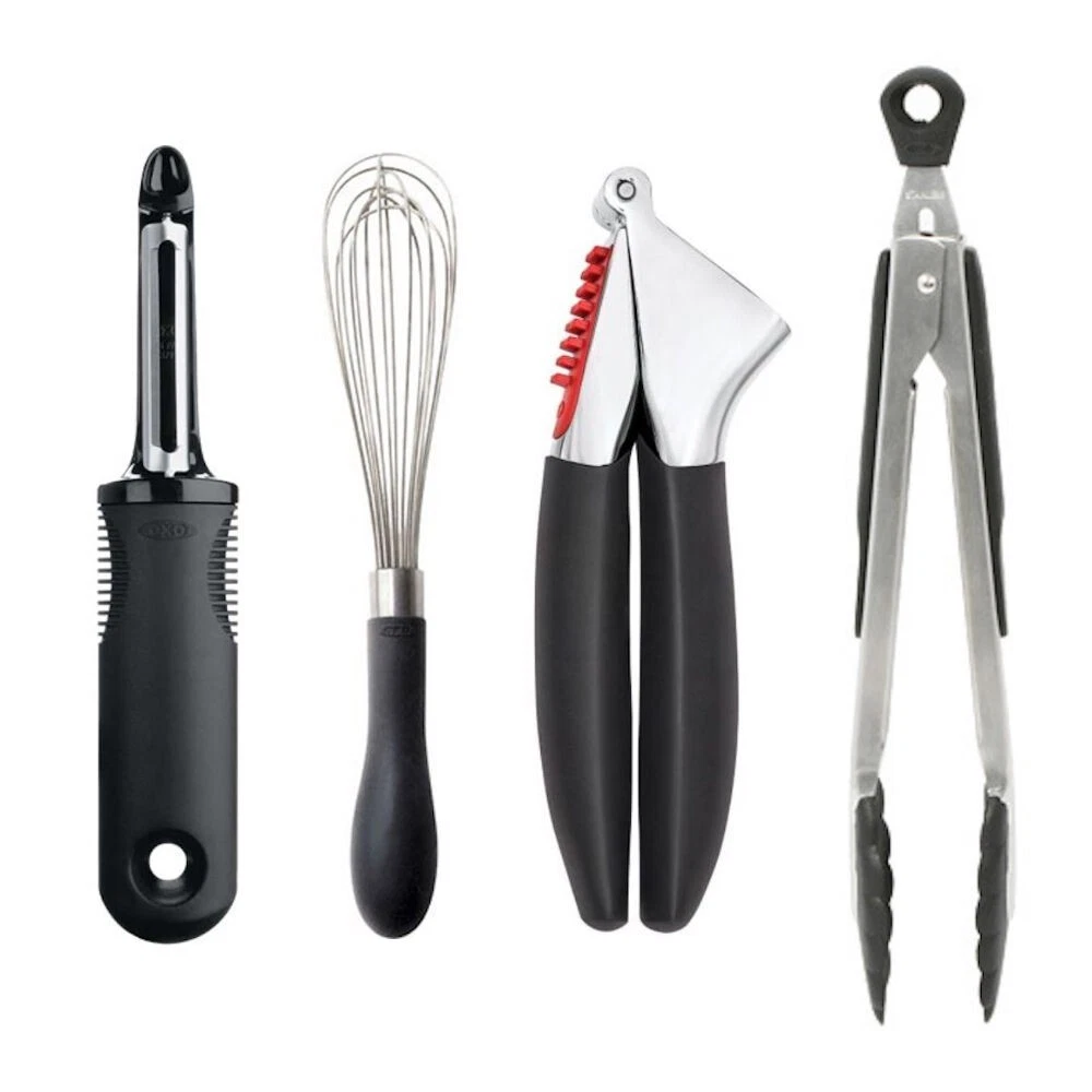 OXO Good Grips 4pc Kitchen Essentials Tool Set 4 Piece - Whisk Garlic Press Tong