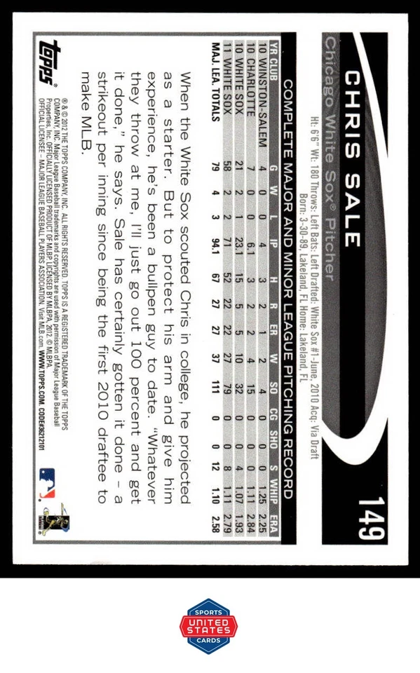 2012 Topps #149a Chris Sale - Image 2 of 2