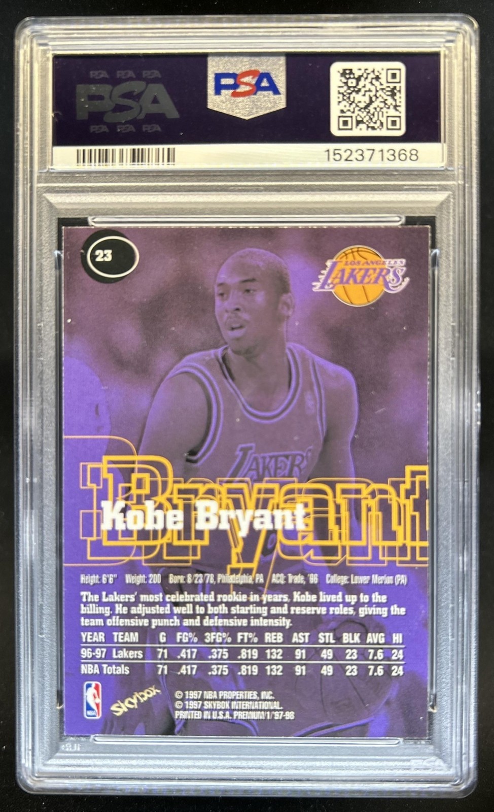 1997-98 Skybox Premium Kobe Bryant #23 Lakers PSA 8 view 2