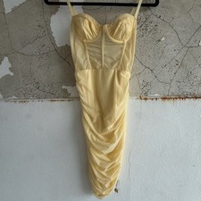 Y2K Corset Dress Ruched Sheer Mesh Bodycon Mini Yellow Womens S Coquette Glam