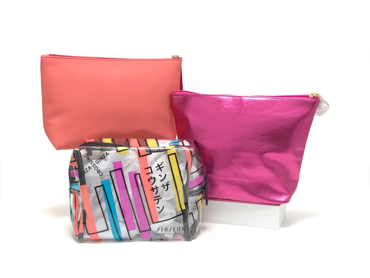 NWOT Lot of 3 Shiseido Makeup Bags Coral/Pink/Striped | eBay