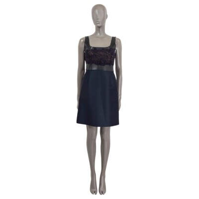 67682 auth VALENTINO navy blue LACE & LEATHER SLEEVELESS FLARED Dress 6 S |  eBay