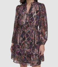 Vince Camuto Women's Black Metallic Paisley Ruffled Dress Petite Size 12P