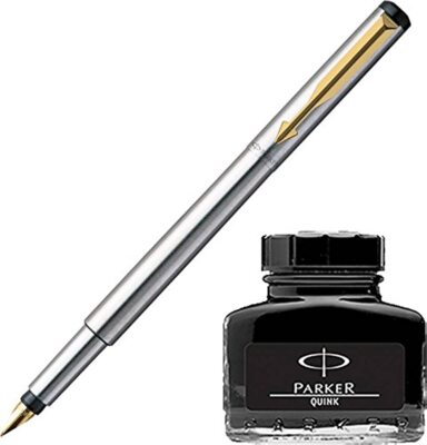 Parker Vector Edelstahl GT Füllfederhalter + Quink Tintenflasche - Schwarz