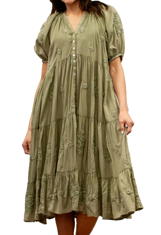 Anthropologie NWT Kyla Seo Tiered Dress Button Up Empire Embroidered Coquette L