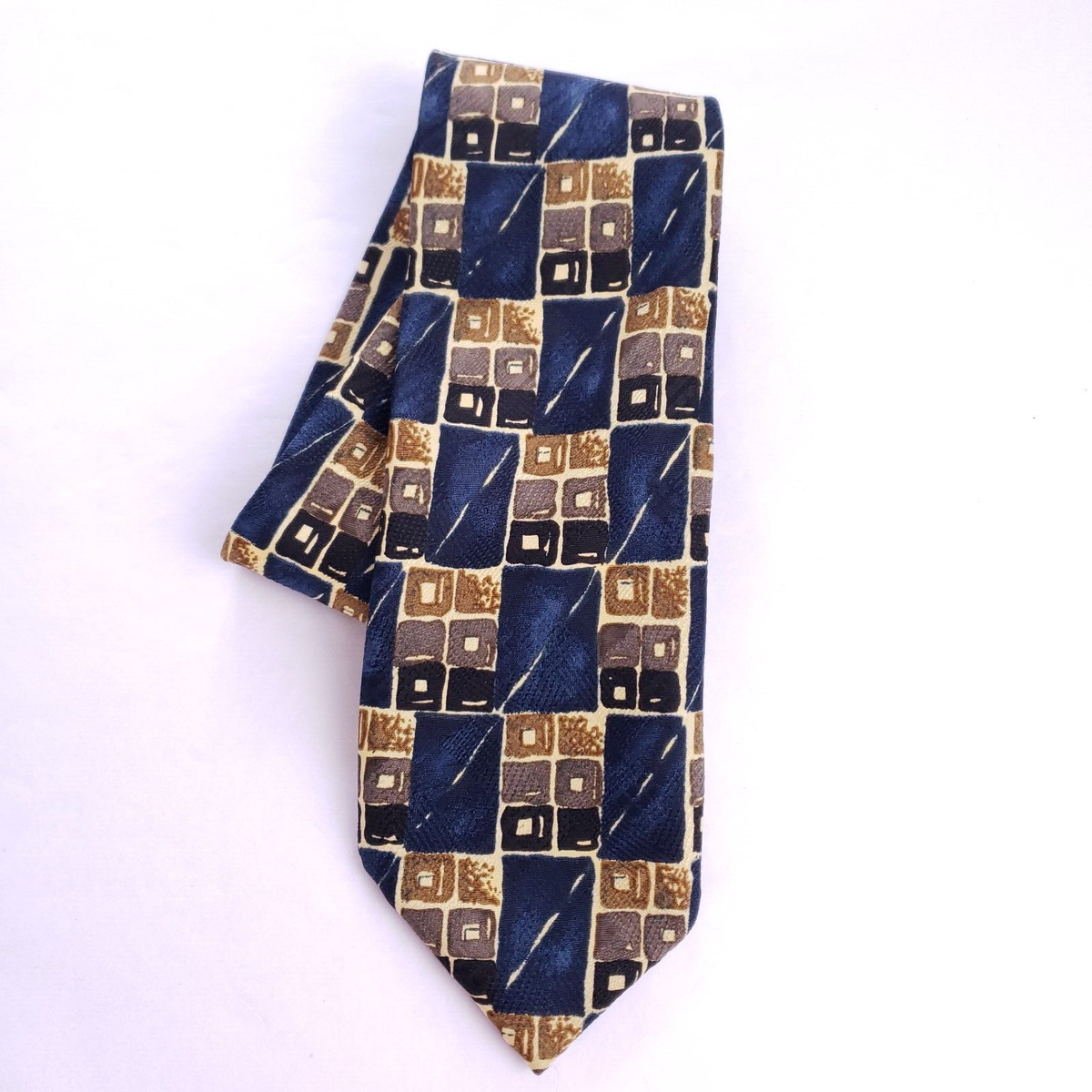 Marks & Spencer Polyester Tie Blue Brown Checkerboard Made in UK 